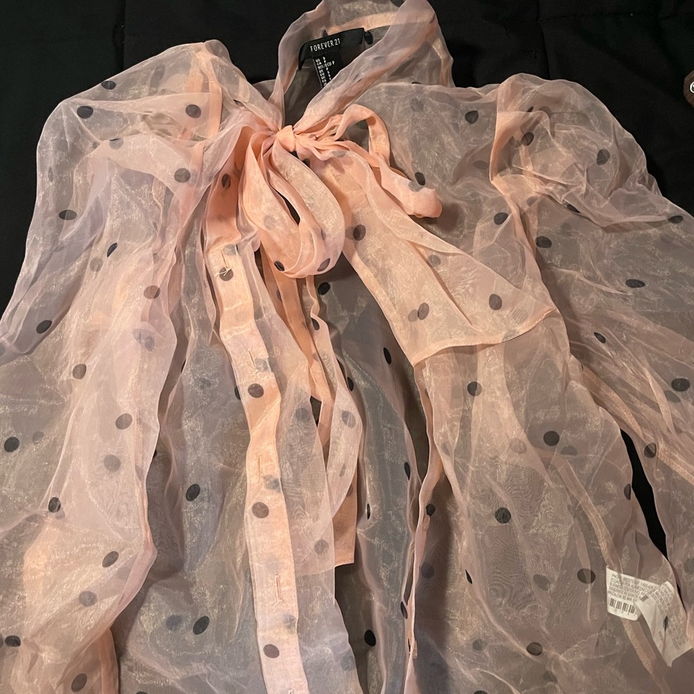 Forever 21 Pink Sheer Blouse with Black Polka Dots